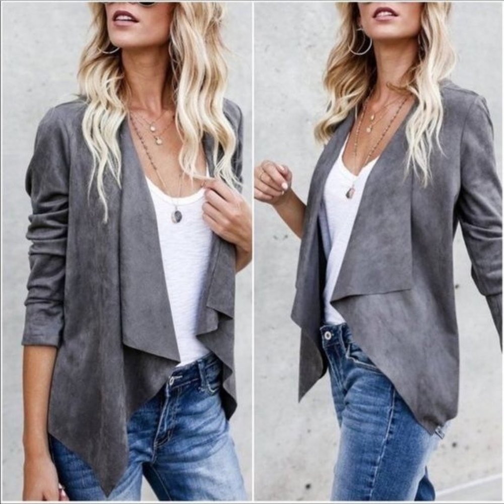 Suede jacket, vegan, light weight. Open front that drapes beautifully.